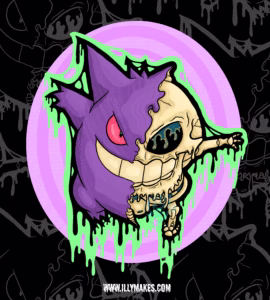 Drippy Gengar skeleton illustration with neon purple and green accents.