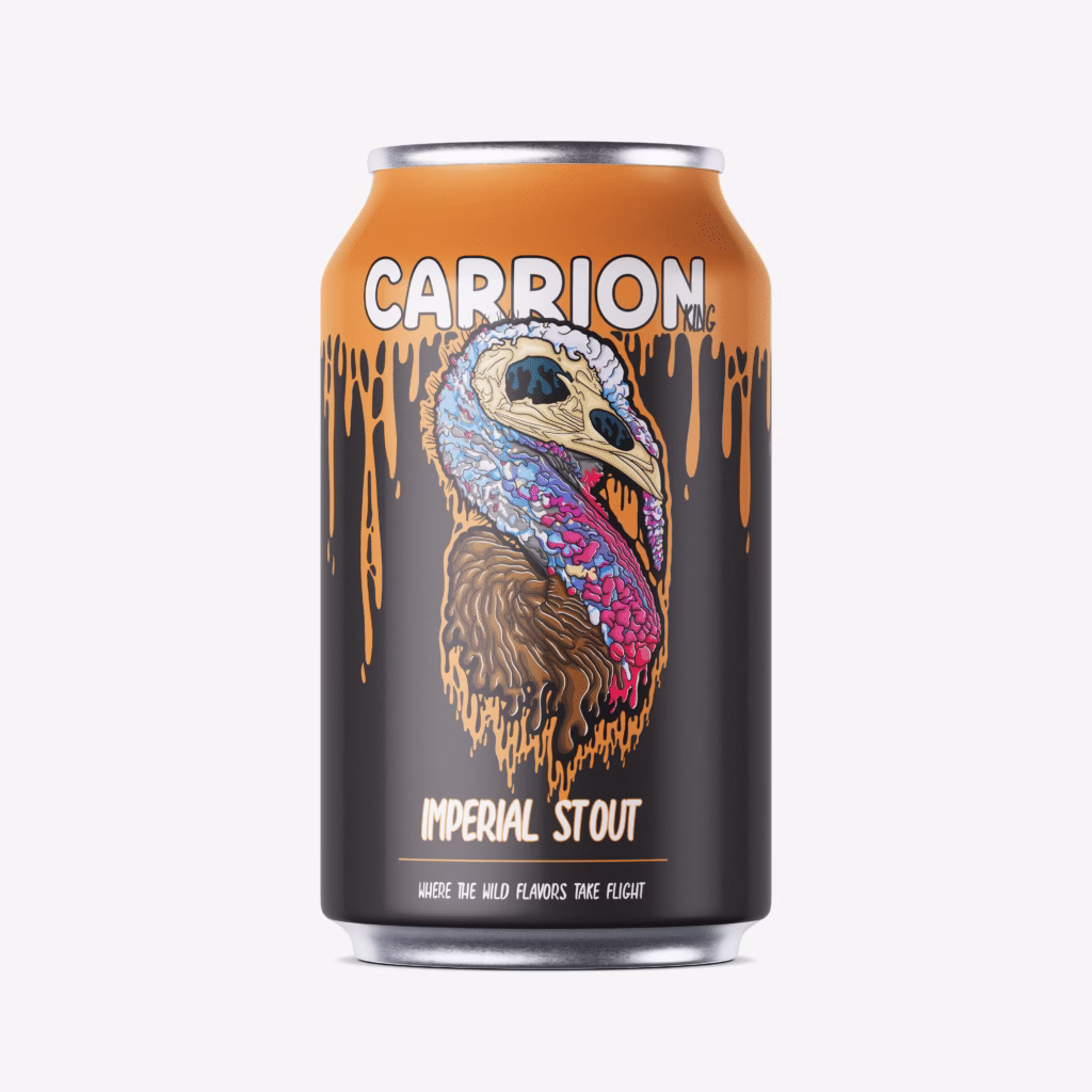Carrion King Imperial Stout beer can mockup with owl skull artwork.