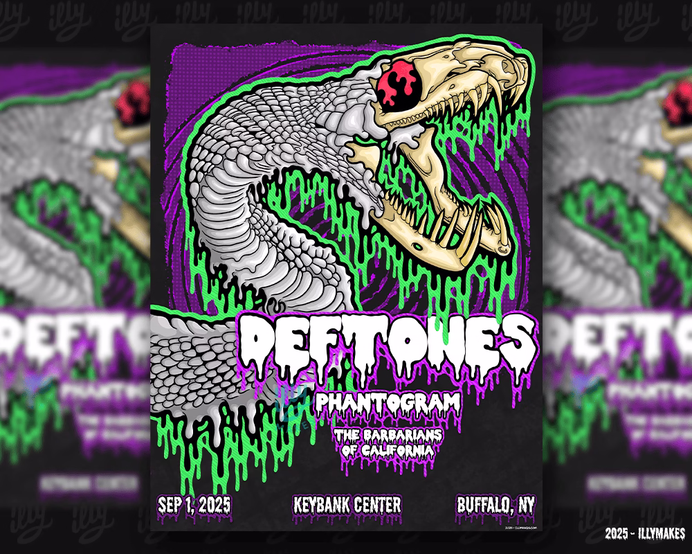 Concert poster for Deftones live in Buffalo, NY with snake illustration.