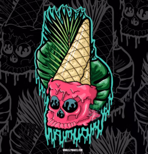 Drippy skull illustrated as a melting strawberry ice cream cone.