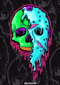 Neon-colored Jason Voorhees drippy skull illustration.