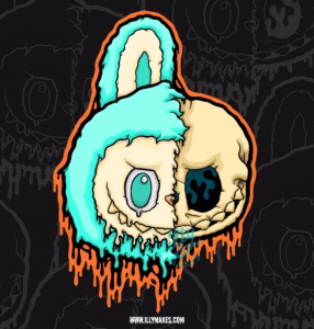 Drippy Labubu skull artwork in a pastel color palette.