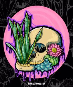 Drippy skull with succulents growing from its head.