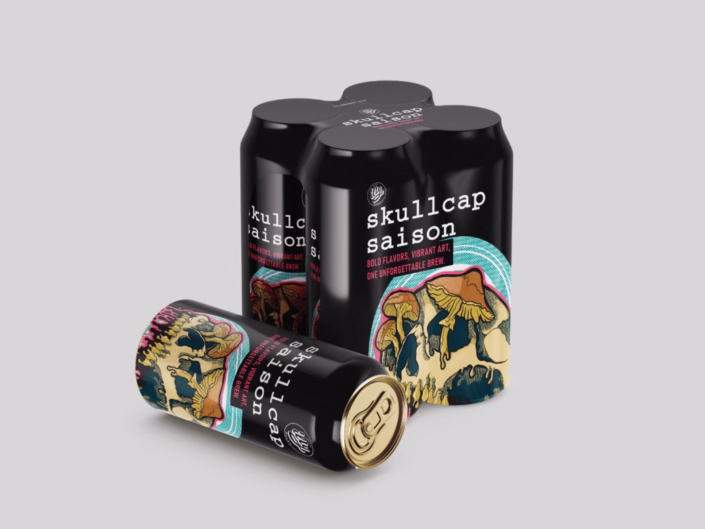 Craft beer mockup featuring Skullcap Saison label with drippy skull art.