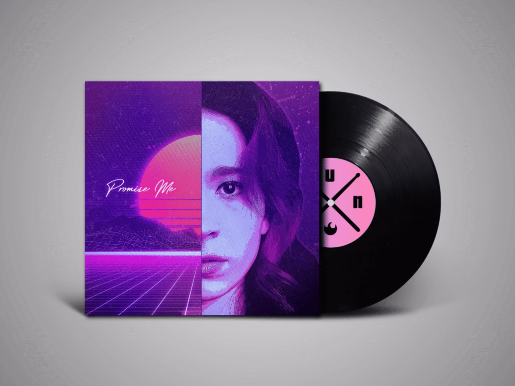 Custom illustrated album cover for Sunfyre’s ‘Promise Me’ with vinyl mockup.
