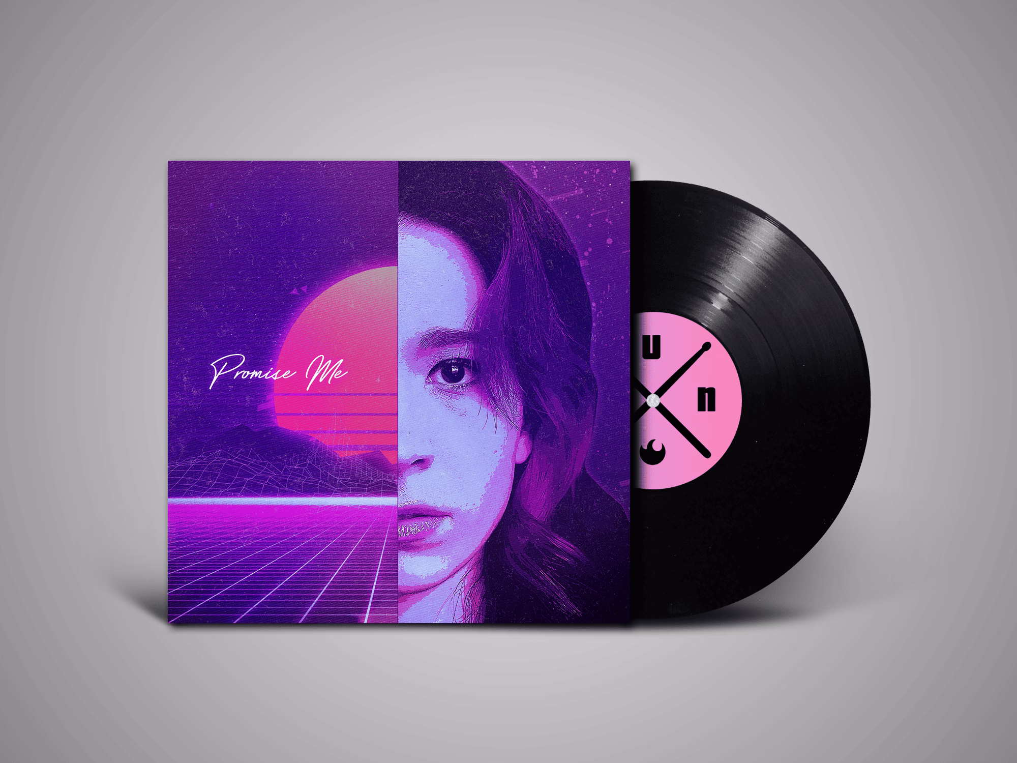 Custom illustrated album cover for Sunfyre’s ‘Promise Me’ with vinyl mockup.