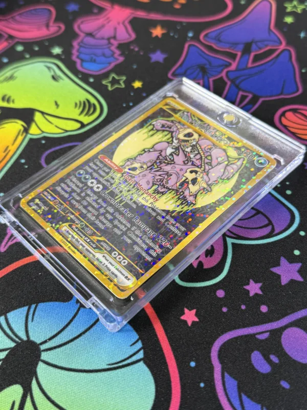 Alternate angle of custom Drippy Nidoking Evo EX Pokémon card with drippy skull art and shimmering laminate effect in case