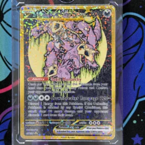 Handmade Drippy Nidoking Evo EX custom Pokémon card in magnetic slab – full art dark type card with gold border and original skull design