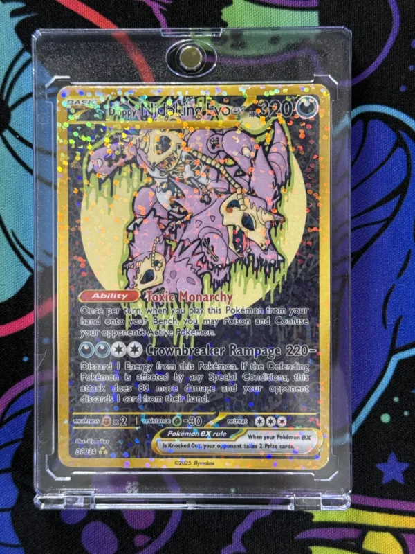Handmade Drippy Nidoking Evo EX custom Pokémon card in magnetic slab – full art dark type card with gold border and original skull design
