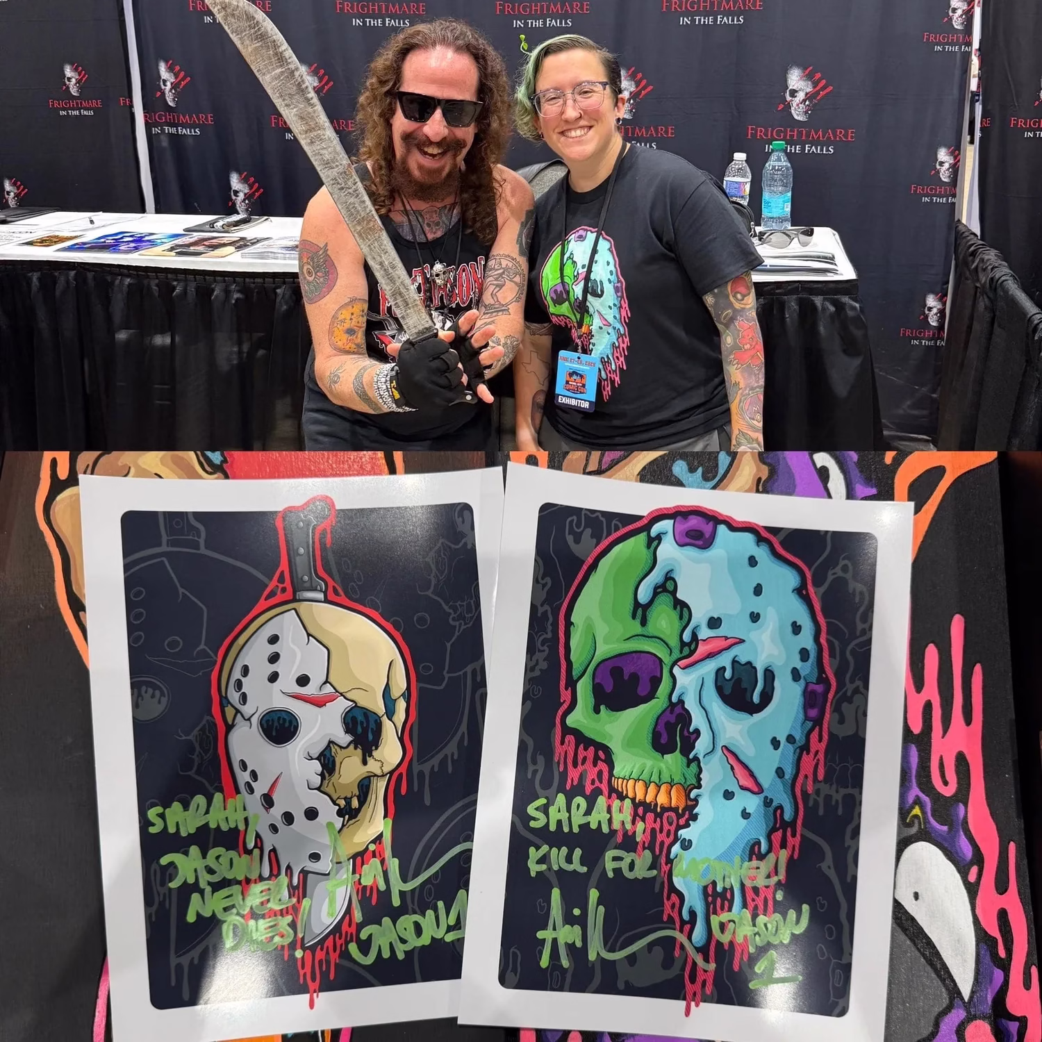 One really cool thing that happened while I stepped away from my booth—my partner was covering the table for me, and a kid came by specifically looking for me! He had seen my art on social media and was super excited to grab some of my drippy Pokémon skull stickers. I’m bummed I missed him in person, but hopefully, I’ll catch him at the next con. Another guest even asked if I was local after seeing my illymakes business card because he recognized the name from online!

Actually, this wasn’t the first time someone recognized my work. At a previous event, a few people told me they had seen me on TikTok and were excited to meet me. That kind of support seriously means so much!

One of the absolute highlights of the weekend was meeting Ari Lehman, the original Jason Voorhees from Friday the 13th. I brought two of my drippy Jason skull prints for him to sign—and I gave him copies to keep. He was SO kind and enthusiastic, and he told me he was going to hang them in his studio because he loves bright colors. That totally made my day!