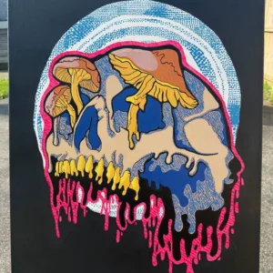 Original acrylic painting of a drippy mushroom skull on a 24x36 canvas. The skull features yellow mushrooms sprouting from the top, surrounded by blue dot patterns and pink drips. Glow-in-the-dark accents highlight the surreal details. One-of-a-kind artwork, signed and labeled on the back.