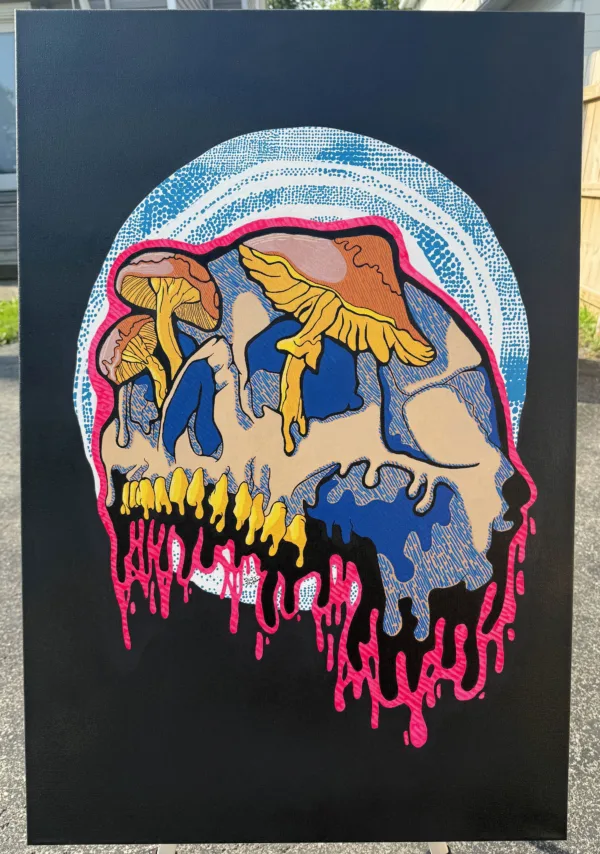 Original acrylic painting of a drippy mushroom skull on a 24x36 canvas. The skull features yellow mushrooms sprouting from the top, surrounded by blue dot patterns and pink drips. Glow-in-the-dark accents highlight the surreal details. One-of-a-kind artwork, signed and labeled on the back.
