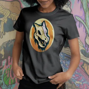 Drippy Aerodactyl Skull tee in black, featuring a melting fossil Pokémon skull with a halftone Old Amber background in bold gothic style.