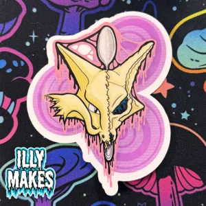 Regular glossy vinyl decal showcasing a vibrant drippy illustration of Pokémon’s Alakazam as a gothic skull with yellow, lavender, purple, and pink colors, with his spoon in the background. Featuring a unique rainbow reflective finish, original art by illymakes.