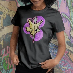 A Drippy Alakazam Skull tee in black, featuring a melting psychic Pokémon-inspired skull with eerie dripping effects and a floating spoon. The bold yellow, gold, and purple design contrasts sharply against the black fabric, making it perfect for Pokémon fans, gothic streetwear lovers, and tattoo-style art collectors.