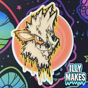 decal with Pokémon-inspired gothic art showing Arcanine as a detailed drippy skull, cream and orange colors by illymakes.