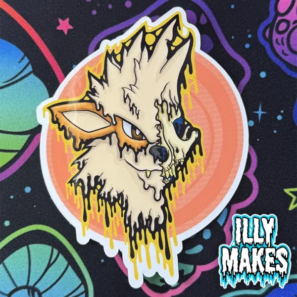 decal with Pokémon-inspired gothic art showing Arcanine as a detailed drippy skull, cream and orange colors by illymakes.