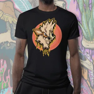 Black t-shirt featuring gothic Pokémon fan art of Arcanine depicted as a detailed melting skull in cream, orange, and gold hues, original artwork by illymakes.