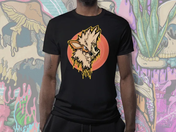 Black t-shirt featuring gothic Pokémon fan art of Arcanine depicted as a detailed melting skull in cream, orange, and gold hues, original artwork by illymakes.