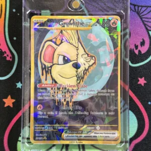 Custom Drippy Growlithe EX card featuring spooky fire-type skull art, full art gold border, and holographic finish in magnetic slab
