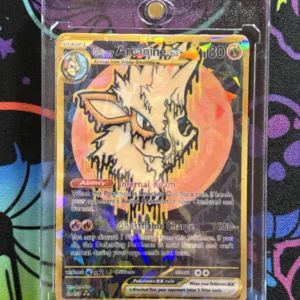 Drippy Arcanine EX custom Pokémon card with fiery ghostly skull design, shimmering laminate, and magnetic case