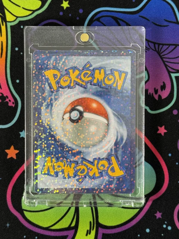 Back view of handmade custom Pokémon card in magnetic card holder for display or collection