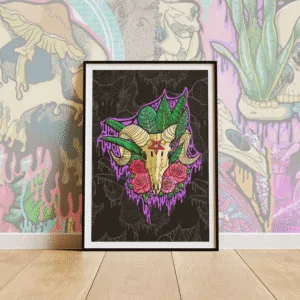 Drippy Baphomet Skull art print on matte paper. Ram skull with horns, pentagram, roses, and dripping purple textures. Gothic occult wall art.
