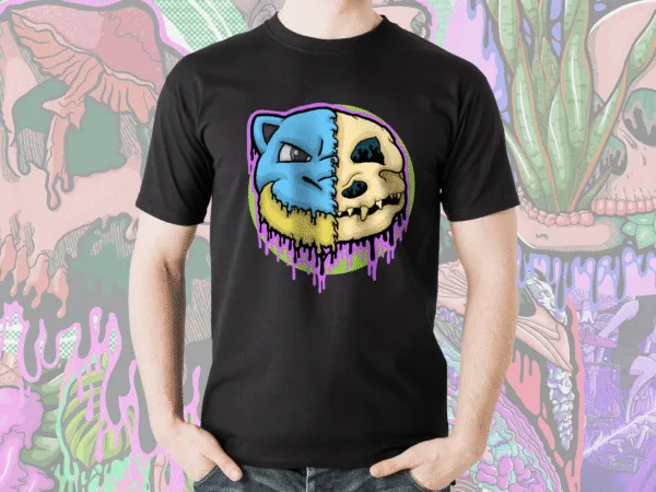 A graphic tee with a split-faced drippy Blastoise design. One side shows a blue Blastoise face, the other a melting skull with yellow teeth, surrounded by purple goo and a green background circle.