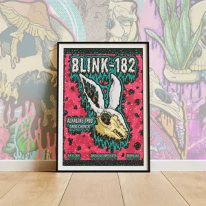 Drippy Blink-182 Darien Lake fan concert poster print. Features a rabbit skull with neon drips, pink cosmic background, and punk concert details.