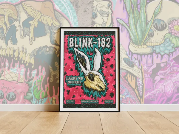 Drippy Blink-182 Darien Lake fan concert poster print. Features a rabbit skull with neon drips, pink cosmic background, and punk concert details.
