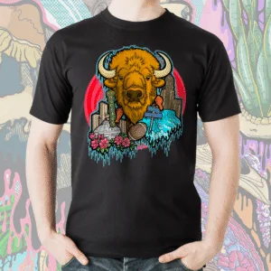 Drippy Buffalo NY T-Shirt – Bills Football, Chicken Wings, Niagara Falls, Shea's, and City Pride Tee Drippy Buffalo NY skull art printed on a black t-shirt. The bright red background and golden buffalo illustration pop with vivid detail.