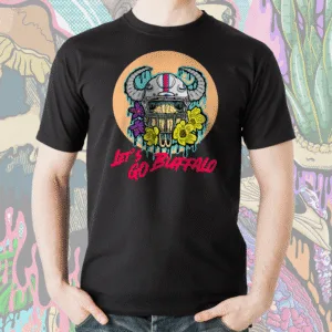 Let's Go Buffalo! Drippy Bison Skull tee in black, featuring a football helmet skull with Buffalo horns and florals, perfect for sports fans.