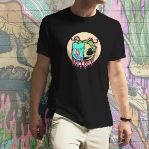 A Black Drippy Bulbasaur Skull tee, featuring a melting fusion of a Bulbasaur-inspired creature and a decayed skull, with vibrant green vines and eerie dripping effects. A must-have for horror Pokémon fans, gothic streetwear lovers, and alternative gaming merch collectors.