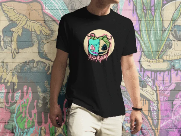 A Black Drippy Bulbasaur Skull tee, featuring a melting fusion of a Bulbasaur-inspired creature and a decayed skull, with vibrant green vines and eerie dripping effects. A must-have for horror Pokémon fans, gothic streetwear lovers, and alternative gaming merch collectors.