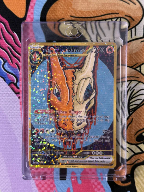 Custom Drippy Charizard EX card with spooky skull dragon design, gold border, and shimmering laminate