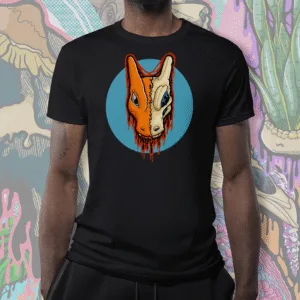 Drippy Charizard Skull T-shirt in black, featuring a melting Charizard design split between flesh and bone, set against a blue halftone background.