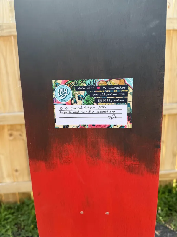 Back of the 8x31 skateboard deck featuring the artist’s autograph, “1 of 1” label, and authentication details.