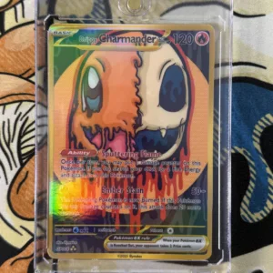 Custom Drippy Charmander EX Pokémon card with skull fire design, gold border, and holographic laminate