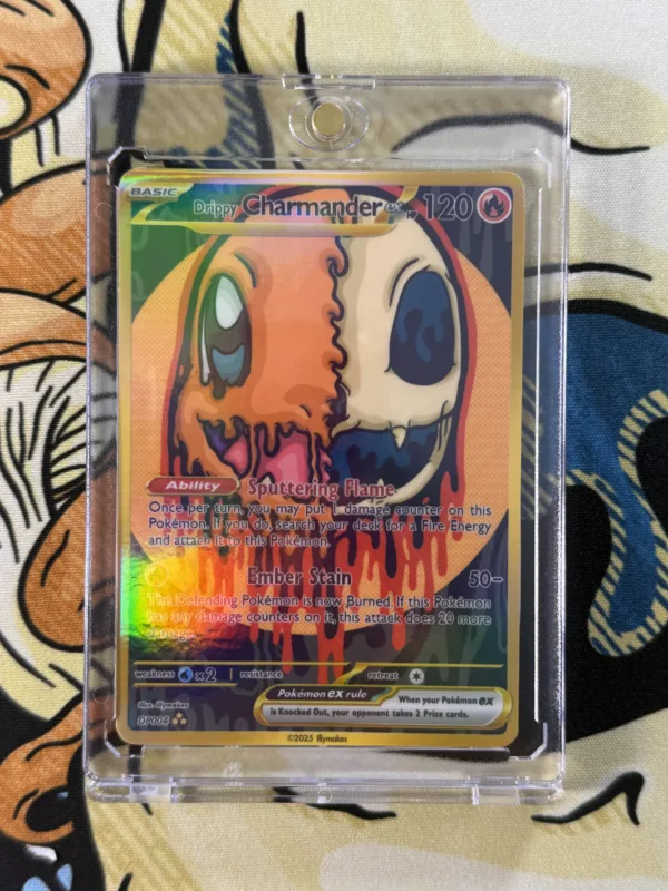 Custom Drippy Charmander EX Pokémon card with skull fire design, gold border, and holographic laminate