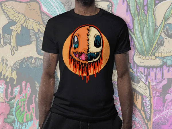 Black t-shirt featuring Pokémon-inspired gothic illustration of Charmander depicted as a melting skull with vibrant orange, cream, deep teal, black, and pink dripping colors, by illymakes.