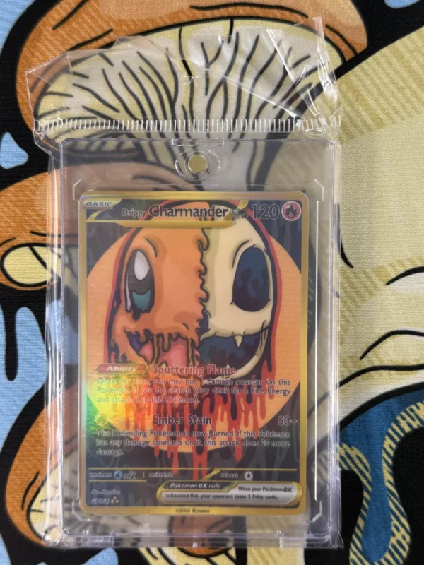 Drippy Charmander EX custom Pokémon card featuring skull fire art and holographic shine sealed in magnetic slab case and packaging