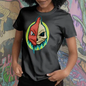 Black t-shirt featuring Pokémon-inspired gothic illustration of Charmeleon depicted as a melting skull in fiery red, cream, teal, and lime-green dripping colors, by illymakes.