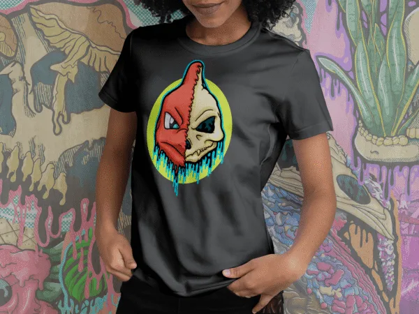 Black t-shirt featuring Pokémon-inspired gothic illustration of Charmeleon depicted as a melting skull in fiery red, cream, teal, and lime-green dripping colors, by illymakes.