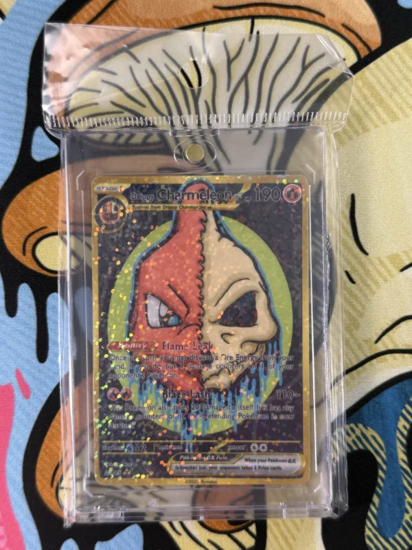 Custom Drippy Charmeleon EX Pokémon card with fiery skull art and gold border sealed in slab for display in packaging