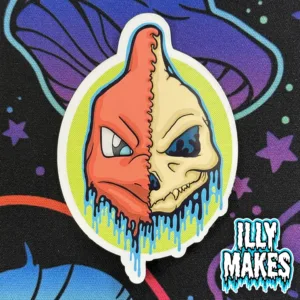 glossy vinyl decal depicting Pokémon gothic fan art of Charmeleon illustrated as a melting skull with vibrant red, cream, teal, and lime-green dripping accents, by illymakes.