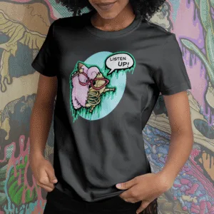 Drippy Clefairy Skeleton graphic printed on a black t-shirt. A creepy horror Pokémon-inspired design featuring a melting skeletal Clefairy with eerie drips and gothic vibes.