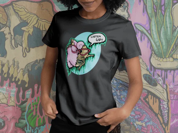 Drippy Clefairy Skeleton graphic printed on a black t-shirt. A creepy horror Pokémon-inspired design featuring a melting skeletal Clefairy with eerie drips and gothic vibes.