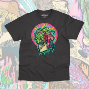 A Black Drippy Costa Rican Macaw Skull t-shirt, featuring a tropical, vibrant design with a macaw skull, lush monstera leaves, heliconia flowers, and Costa Rican flag-inspired ribbons dripping in surreal neon hues. Perfect for tropical art lovers, Costa Rica enthusiasts, and alternative streetwear fans.