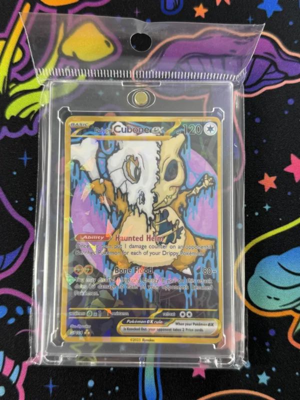 Custom Drippy Cubone EX card with spooky skull design, gold-style border, and holographic finish sealed in magnetic slab