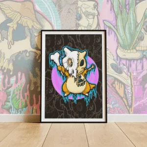 Drippy Cubone Skeleton art print on matte paper. Half Cubone, half skeleton, dripping with neon blue textures against a lavender circle backdrop.